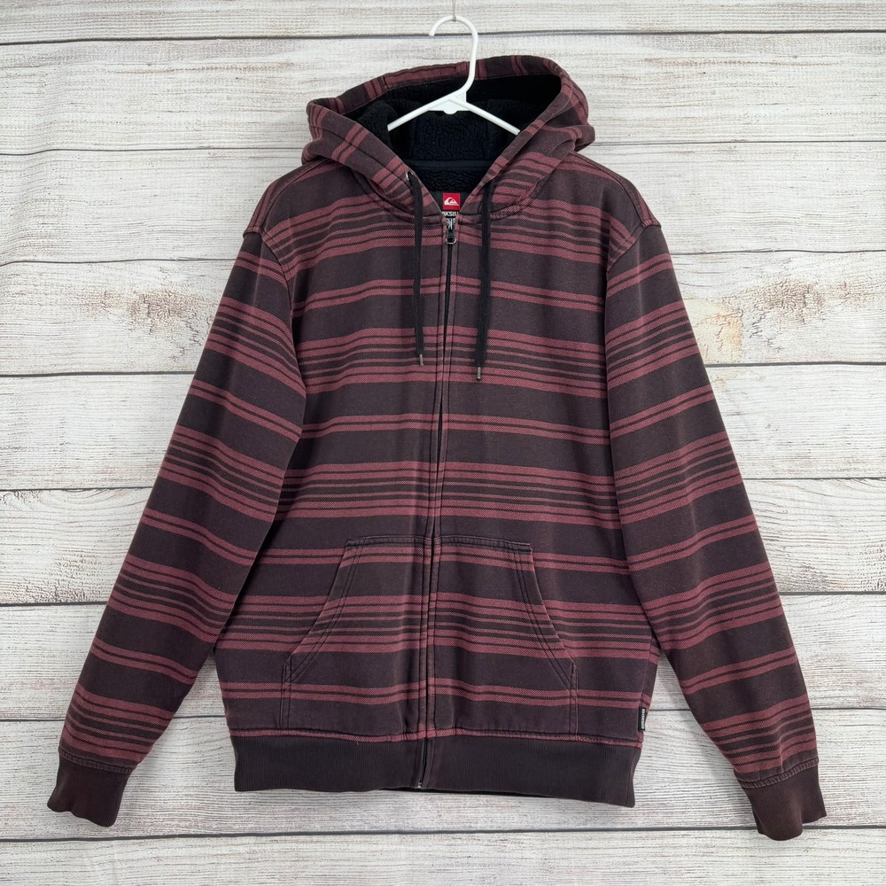 Quiksilver Full Zip Hoodie Mens Medium Burgundy Striped Sherpa Lined